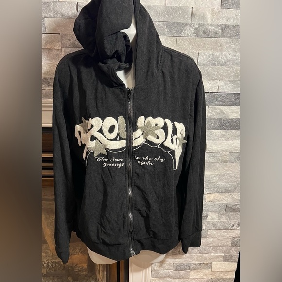 SHEIN Style Black Hoodie with Bold White Lettering - Zip Up Casual Hoodie Sz M - Picture 1 of 3